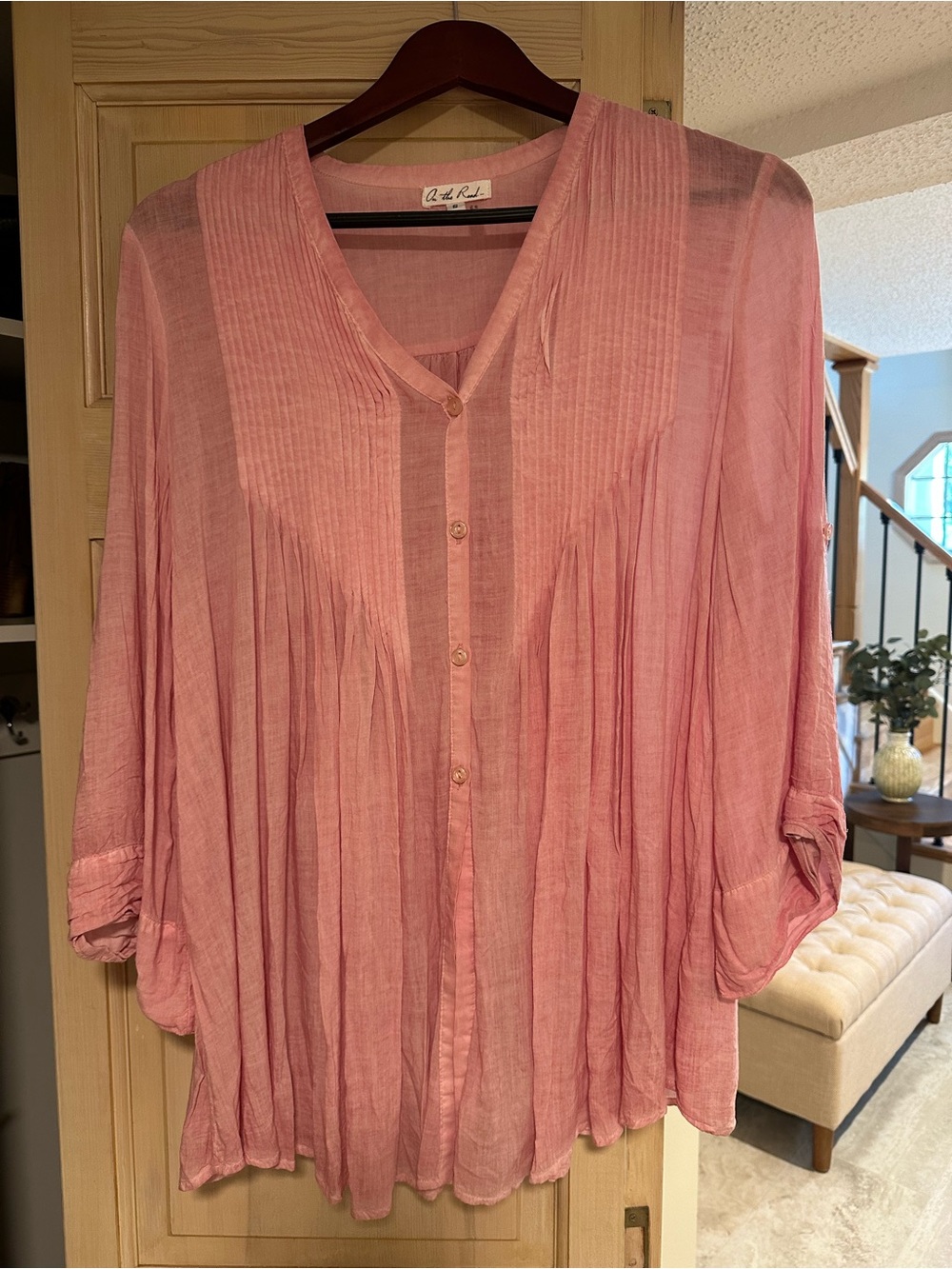 On The Road Pink Pleated Button-Down Blouse